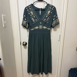 Teal Midi Dress with Cream Embroidery